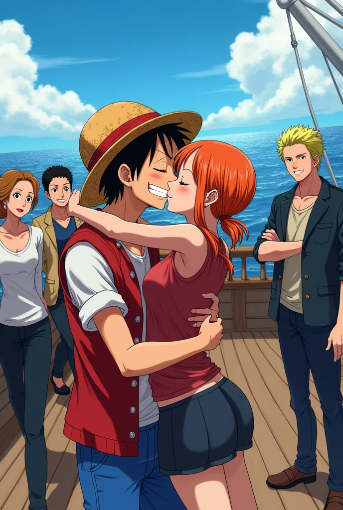 Luffy kissing nami infront of the crew