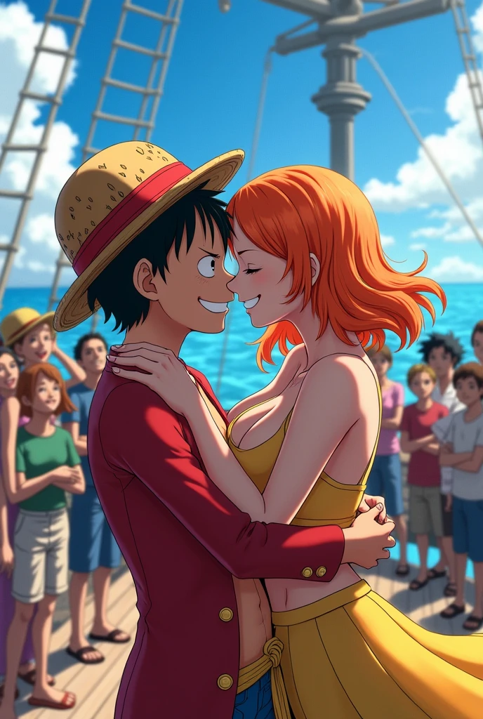 Luffy kissing nami infront of the crew