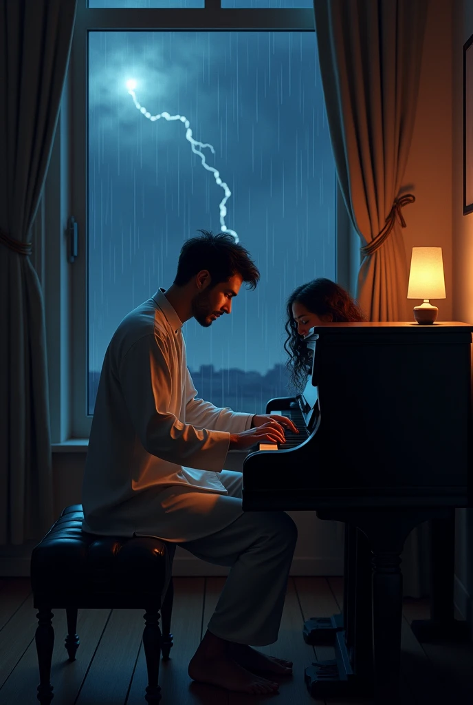 Big living room, cozy with sofas and center table, warm dark lighting, heavily raining outside with thunder, very dark night time, beautiful window, man with very light stubble, long nose, wearing kurta and tight pajama and durre najaf ring on ring fingerof right hand, playing an upright piano, women sitting at side smiling with her head leaned on his shoulder face not visible, square dimension