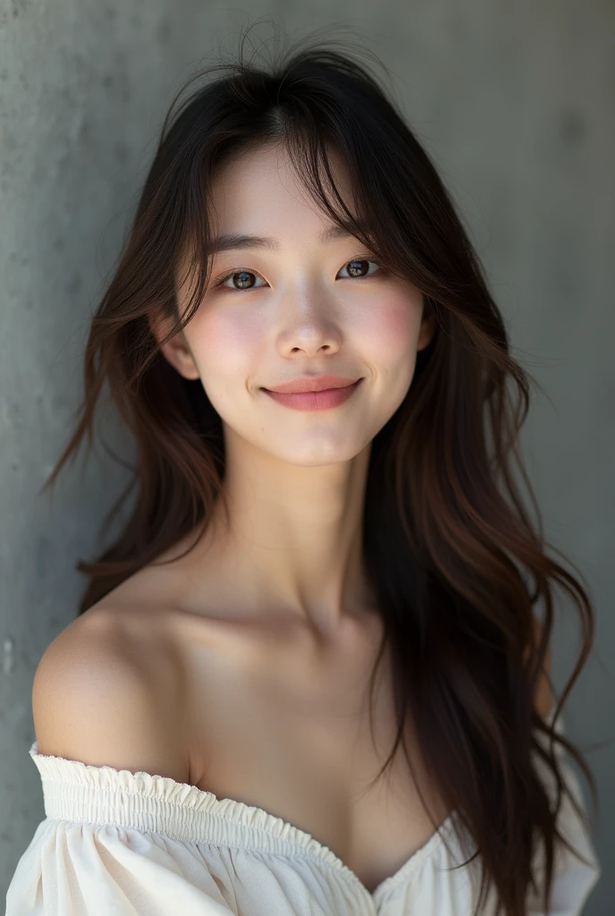 Asian Beauty、beauty、Soft hair、Black Sleeveless、Landscape、I can see your forehead、Background is simple concrete、Olive brown hair、smile、looking at the camera、Outline of an inverted triangle、Big Eyes、Thready hair、Shortcuts、human、Realistic、ベースmodel、photo shoot、Chin narrowing、cute、Pure feeling、プロのphoto shoot、cute、Beauty、model、Clear skin、Eyes that tend to be dark、Long, flowing bangs、Asian Beauty、プロのphoto shoot、20-year-old、Super Slender Face、