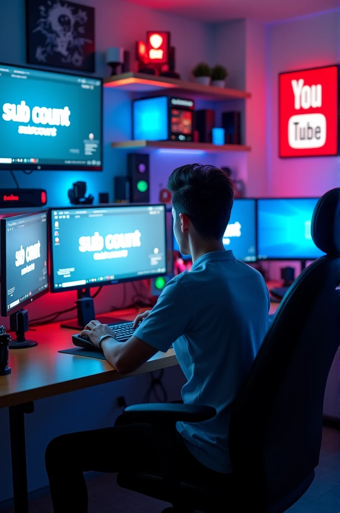 Human work from PC in gaming room and pieces screen types taxt 'SUB COUNT' and background YouTube logos and gaming setup RGB lights and image has YouTube banner image clarity 4K HD