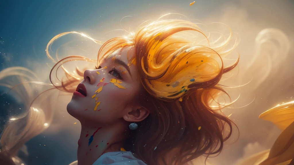 (level difference:1.8),(Paint colliding and splashing on the canvas),(depth of field),(flat color :1.1,(yellow theme)),1 girl,screaming,propaganda poster,full body,strong wind,heavy smoke,(liquid paint rainbow hair:1.1) made of paint and defies gravity,thick flowing,(paint splatter:1.3),Liquid state,stunningly beautiful, masterpiece, detailed background,ultra high quality model, ethereal background,abstract beauty, explosive volumetric, oil painting,heavy strokes,Romantic lighting,Sub-Surface Scatterring,glow,8k,high resolution, dreamy,ray tracing,hdr,god rays,