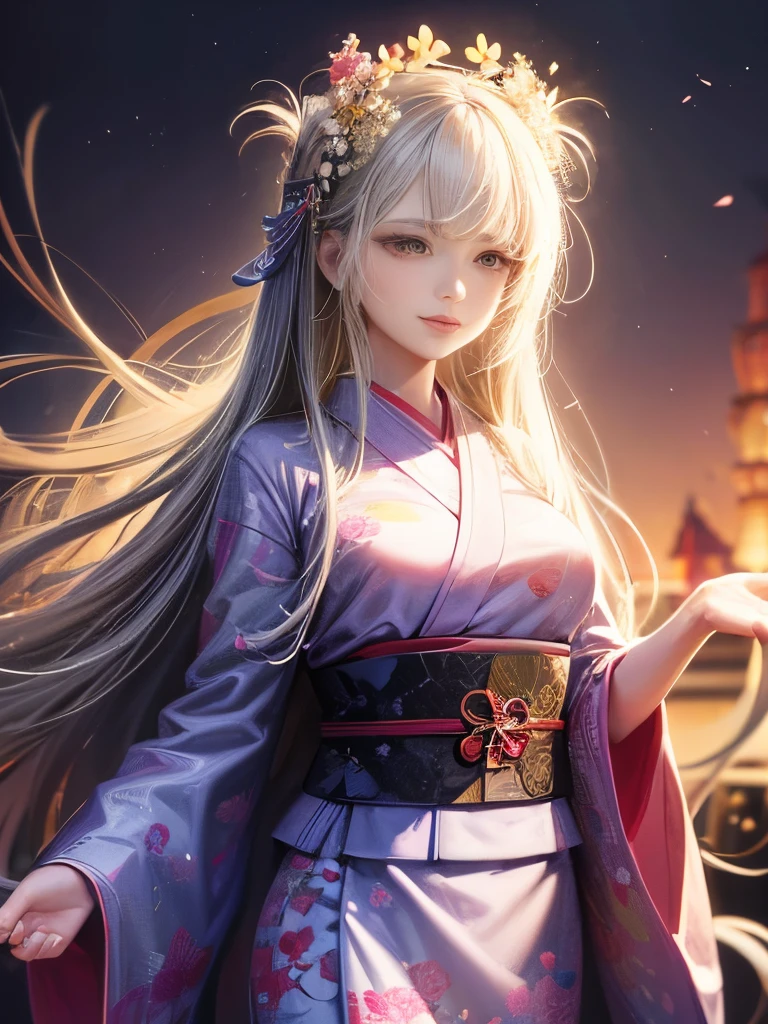 Japanese woman in kimono with flowers on her head, Beautiful digital artワーク, Beautiful digital illustrations, Beautiful digital painting, Gorgeous digital painting, Gweiz-style artwork, Photorealistic Anime Rendering, Smooth anime CG art, Beautiful digital art, Amazing digital art with great detail, Amazing digital illustrations, Detailed digital anime art, April Rendering, Beautiful anime portraits, 8k wallpaper,