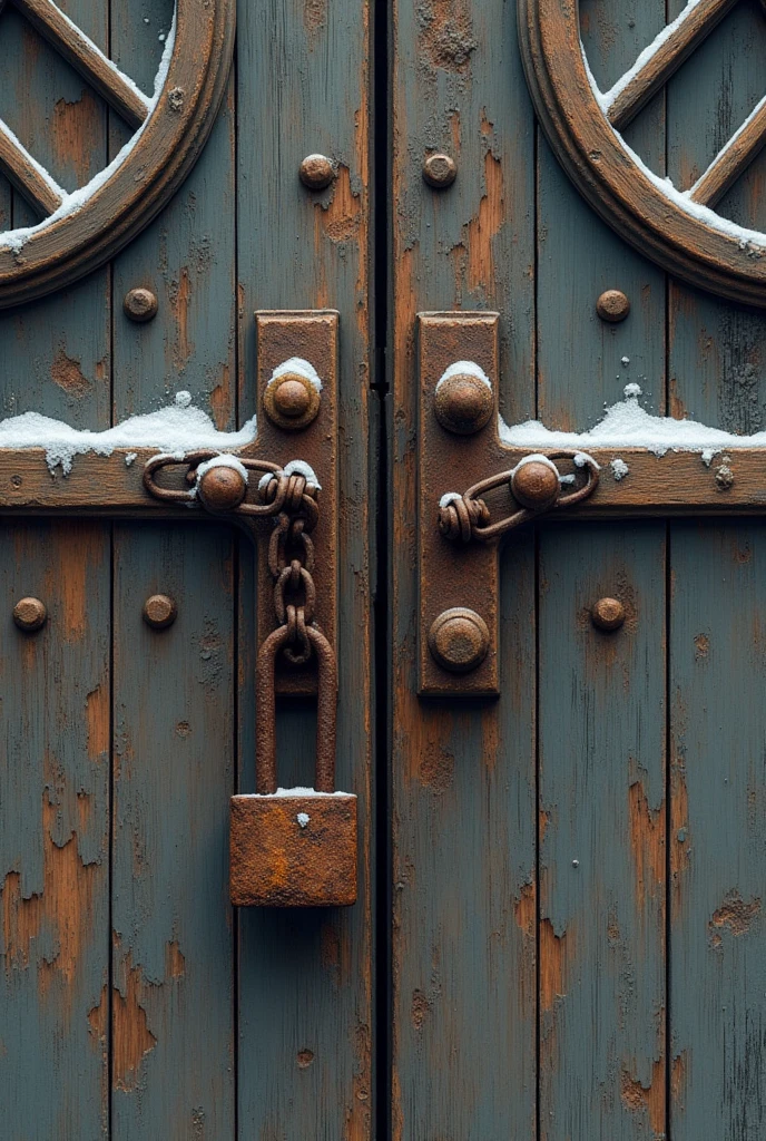 
            Close-up of chinese style more shabby old more shabby ancient wooden door(Two-piece wooden door)The wooden door has been through the frost and snow, and there is a rusty old lock and chain hanging on it.(Rusty old lock is a masterpiece of brass craftsmanship)There is a large circle on both sides of the wooden door with old chains and artistic painting-like textures that are extremely delicate. (unique style)Very detailed, fresh and elegant aesthetic style, airbrush digital oil painting, movie lighting, very beautiful, perfect composition, intricate details, Super detailed and exquisite high quality work from a master artist