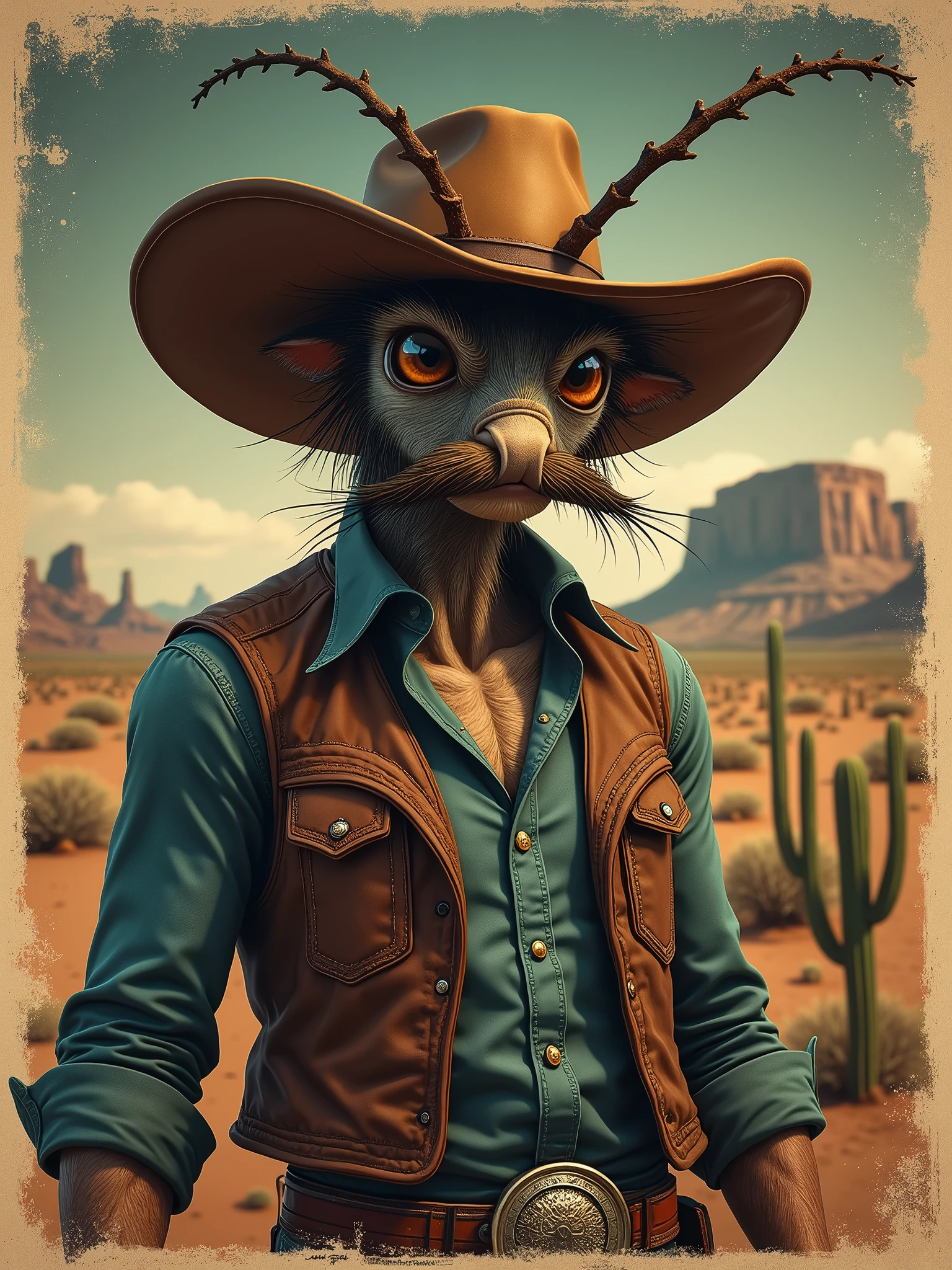 Create a high-quality vintage poster. about a mosquito that's a cowboy - imagine