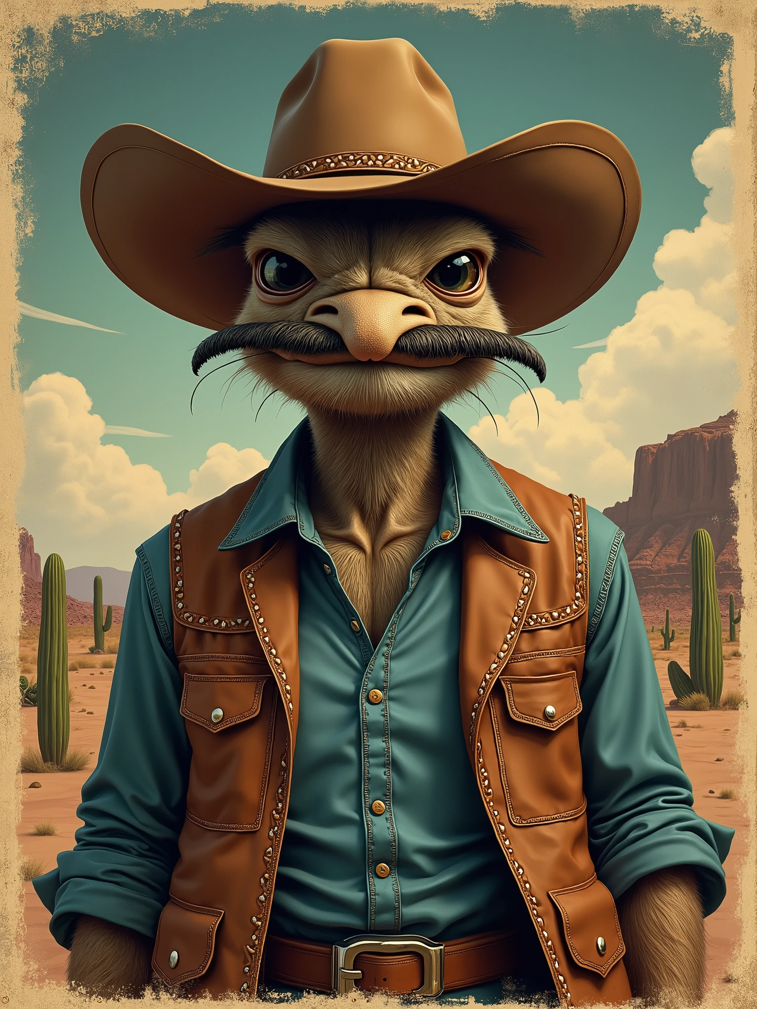 Create a high-quality vintage poster. about a mosquito that's a cowboy - imagine