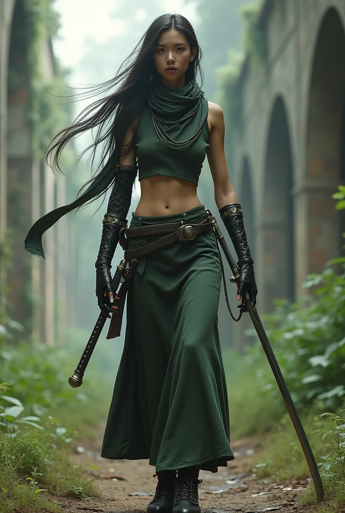 random view angle, skinny female cyborg, confidence, futuristic aerodynamic heavy mechanical arm, katana, extremely long voluminous hair, long scarf, crop tank, low-rise maxi skirts, very strong directional wind, old abandoned overgrown ruins, 3d art, unreal engine