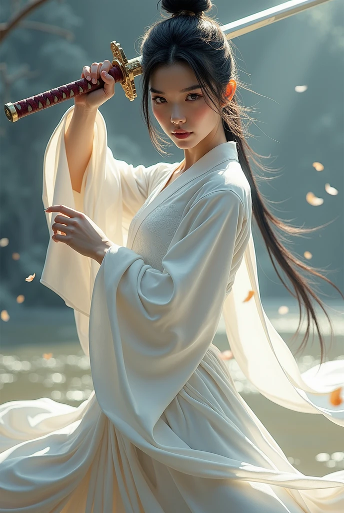 Wearing a white dress、Close-up of woman holding sword, Portrait of Yang Jian, Popular on CGsociety, Fantasy Art, Beautiful character painting, artwork in the style of Gu Weiss, Gu Weiss, White Hanfu, flowing white robe, Full body martial arts, Epic and beautiful character art, Stunning character art, beautiful female assassin