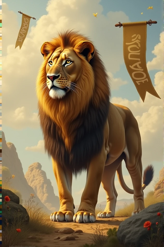 Some visual elements to indicate change, such as a broken chain or a peaceful banner, symbolizing the lion’s new approach of friendship and harmony.