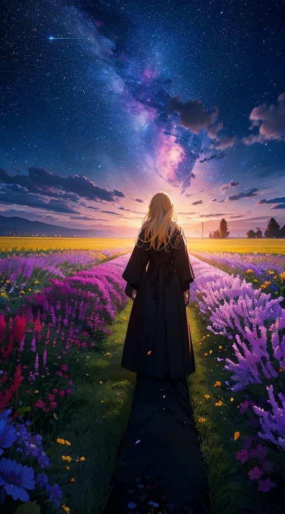 １people々々々々々々々々々,Blonde long-haired woman，Long coat， Dress Silhouette， Rear View，Space Sky, Flower Field，Colorful flowers