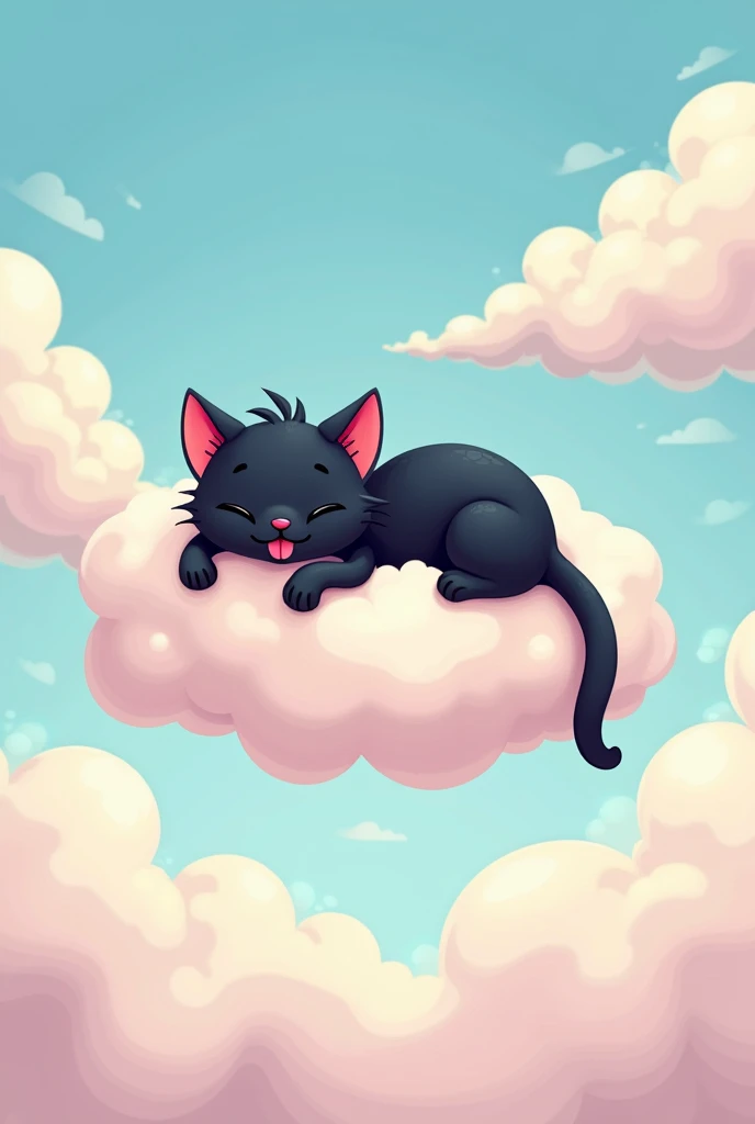 A black cat with its neck down on top of a.cloud all in cartoon with the tongue sticking out of the same as the first image