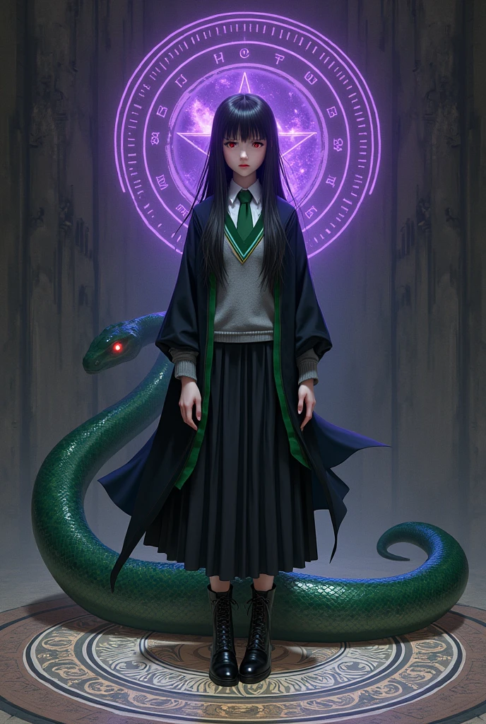 
magic magic school。Snake House Student。White blouse。Green tie。Grey sweater with green V-line。Black long pleated skirt。Black lace-up boots。Black robe with green lining。A short, thin wooden walking stick, about 20cm long。Ebony。Straight long black hair。Bangs。Hime cut hair。Crimson Eyes。Mysterious beautiful girl。Quiet。Expressionless。cold gaze。Indifference。Powerful magic。Purple light。A complex and detailed magic circle at my feet.。It is accompanied by a giant, thick, poisonous snake about 10 meters long.。The snake&#39;s eyes are red and frightening, and its body is covered with shiny, deep green scales.々are doing。