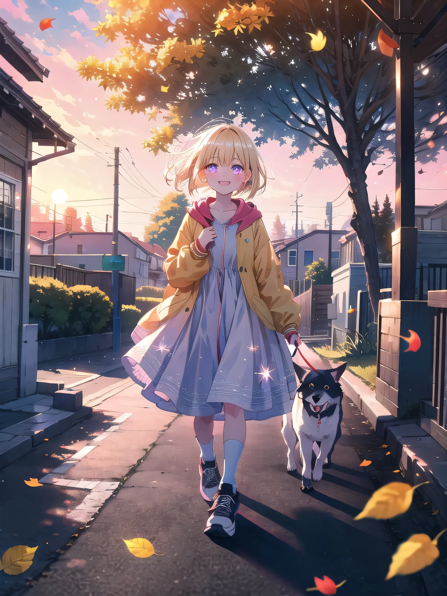 ((8k, Highest quality, masterpiece: 1.3)),Ultra-high resolution,(1 girl, alone), (Color changing eyes, Ultra-detailed, Expressive brilliance, Glitter, Glowing Eyes), Highly detailed eyes, Highly detailed face, Random Hair, ((pastel colour))A young girl with short, blonde hair, styled in a cute bob, walks her small dog in a quiet neighborhood. She’s wearing a light jacket over a simple dress, with knee-high socks and sneakers. The sky is painted in shades of orange and pink as the sun sets, casting long shadows on the pavement. The dog, a fluffy white pup, happily trots beside her on a leash. Her face is lit up with a smile, her eyes sparkling with joy as she enjoys the fresh evening air. The trees lining the street sway gently in the breeze, and a few scattered leaves crunch underfoot.