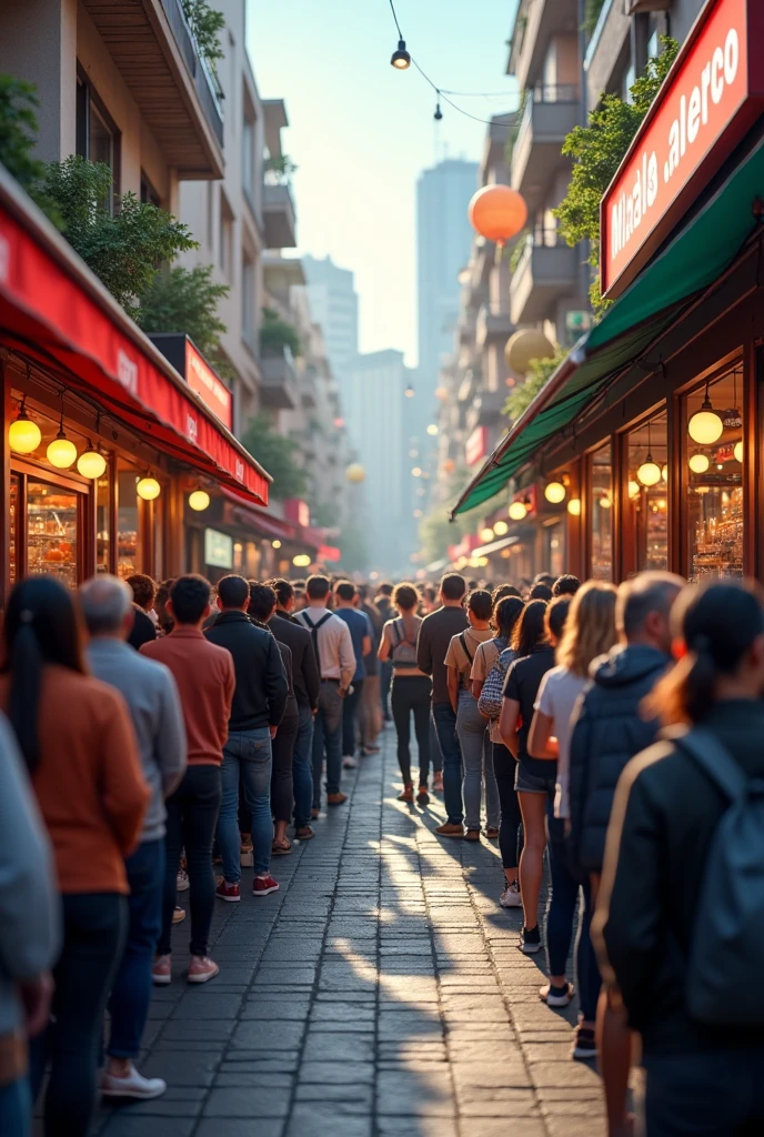 I want 2 businesses with many customers outside queuing to enter the business to buy. I want to do a branding strategy. I want the most realistic image. I want the photo with real people.