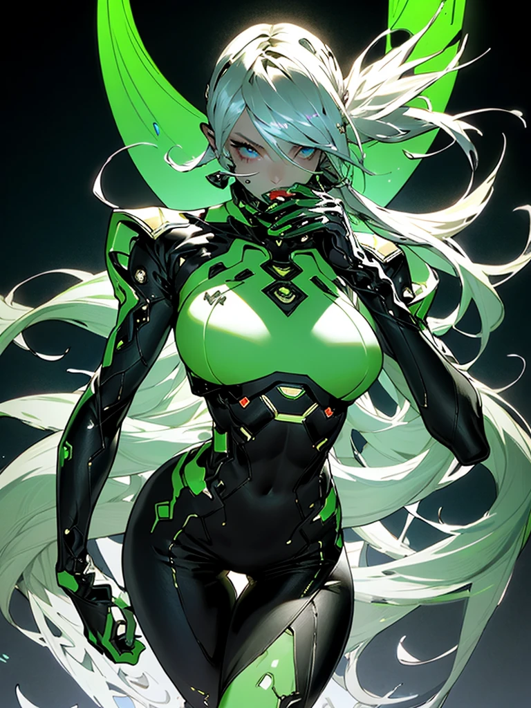 (masterpiece, top quality, best quality, official art, beautiful and aesthetic:1.2), full body view, looking at viewer, helping viewer, ((fisheye photo)), detailed background, vibrant background, cyberpunk blurry background, depth of field, chaotic, wide angle view, 

Beautiful young girl, pretty, pale, white hair, seaweed green inner, two long ponytails, flowing hair, dense hair, bangs, detailed hair, detailed eyes, perfect eyes, sea green eyes, glow, sweaty, shiny skin, detailed skin, slightly flushed cheeks, sexy lips, kind face,  

Tall, lean, fit, curvy, athletic, cyborg, mechanical parts, thick thighs, big breasts, hardnipples outline, Ecchi, young sexy cyborg Lolita girl, detailed legs, perfect legs, detailed arms, perfect arms, detailed hands, 

Cyberpunk outfit, (color:(white, black, blue, green, bronze)), tight fitting outfit, light armour, skin indentation, bare midriff, tiny healed scars, toned, transparent, translucent, glow, high heels, boots, 