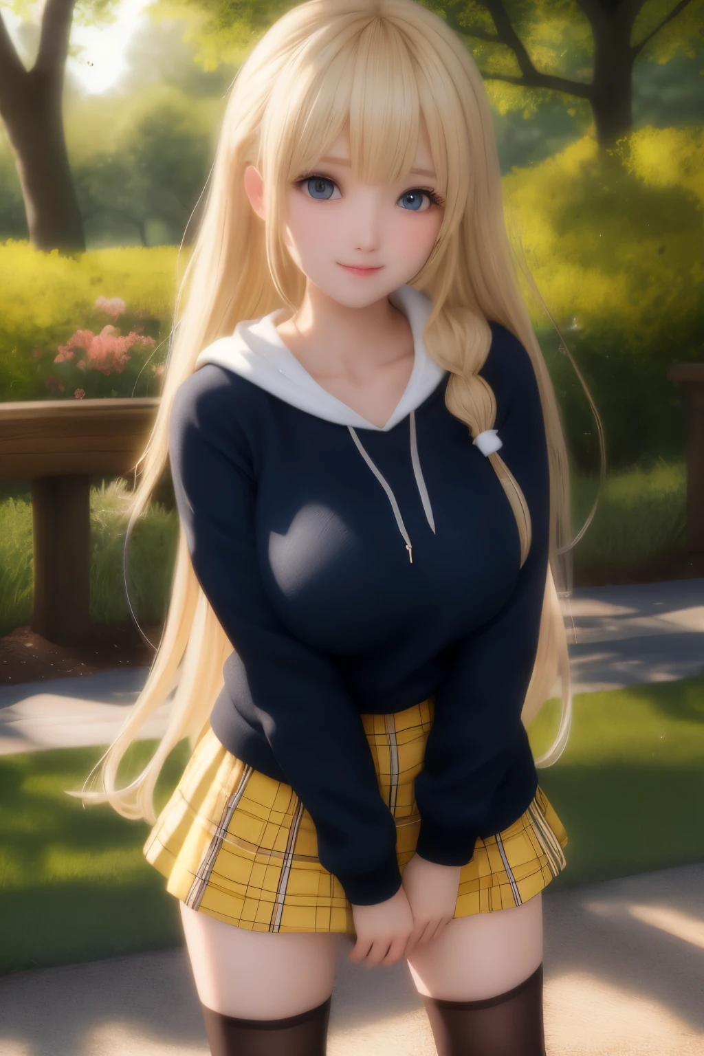 1beautiful girl,1,,Standing in the park,Legs spread, thighs spread,,Slightly bent, smile,super cute,cute,,very big breasts, Black hoodie,ruffled skirt, short mini skirt, yellow checkered roll,, bangs, visible navel,blonde hair, blue eyes, bangs,very long hair,vibrant colors,close up photo,colorful art style, soft shadows, detailed textures, dynamic lighting, ultra detailed