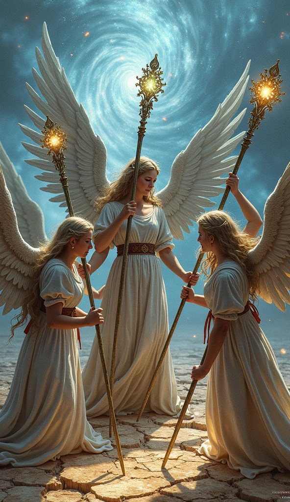 Create a striking, hyper-realistic image for the Five of Staffs in the Lumen Angelis Tarot deck. The scene depicts five radiant staffs crossing in a dynamic, chaotic pattern, each staff emitting a unique color of celestial light, symbolizing the clash of different energies and ideas.

Five angelic figures, each holding one of the staffs, are engaged in a celestial struggle. Their expressions are intense, yet focused, representing conflict, competition, and the challenge of harmonizing diverse forces. The angels' wings are wide and powerful, with feathers that shimmer in the light, emphasizing their divine nature.

The background is a swirling vortex of light and shadow, symbolizing the turbulent energy of the confrontation. Sparks and beams of light fly off from where the staffs collide, creating a sense of movement and intensity. Each staff is adorned with intricate symbols and runes, glowing with an inner power that suggests their importance in the struggle.

Beneath the angels, the ground is cracked and glowing, as if the energy of their conflict is tearing through the fabric of reality itself. The entire scene is bathed in a dramatic, otherworldly light, casting sharp contrasts and deep shadows that enhance the sense of drama and tension.