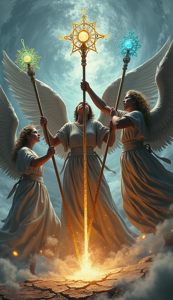 Create a striking, hyper-realistic image for the Five of Staffs in the Lumen Angelis Tarot deck. The scene depicts five radiant staffs crossing in a dynamic, chaotic pattern, each staff emitting a unique color of celestial light, symbolizing the clash of different energies and ideas.
Five angelic figures, each holding one of the staffs, are engaged in a celestial struggle. Their expressions are intense, yet focused, representing conflict, competition, and the challenge of harmonizing diverse forces. The angels' wings are wide and powerful, with feathers that shimmer in the light, emphasizing their divine nature.
The background is a swirling vortex of light and shadow, symbolizing the turbulent energy of the confrontation. Sparks and beams of light fly off from where the staffs collide, creating a sense of movement and intensity. Each staff is adorned with intricate symbols and runes, glowing with an inner power that suggests their importance in the struggle.
Beneath the angels, the ground is cracked and glowing, as if the energy of their conflict is tearing through the fabric of reality itself. The entire scene is bathed in a dramatic, otherworldly light, casting sharp contrasts and deep shadows that enhance the sense of drama and tension.