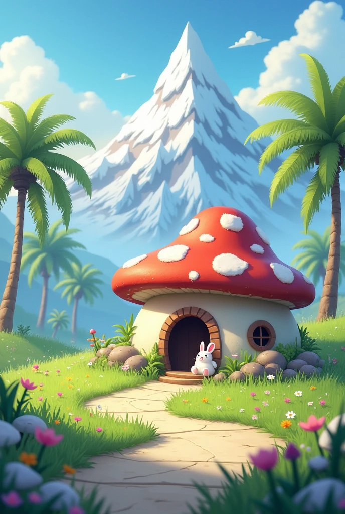 A mushroom hut with a bunny rabbit near to it and a beautiful grassland with palm trees at the back and mountains covered with snow and a pathway towards the mushroom hut door with beautiful flowers and snow surrounding the pathwaymake a photo of aspect ratio 2:3 