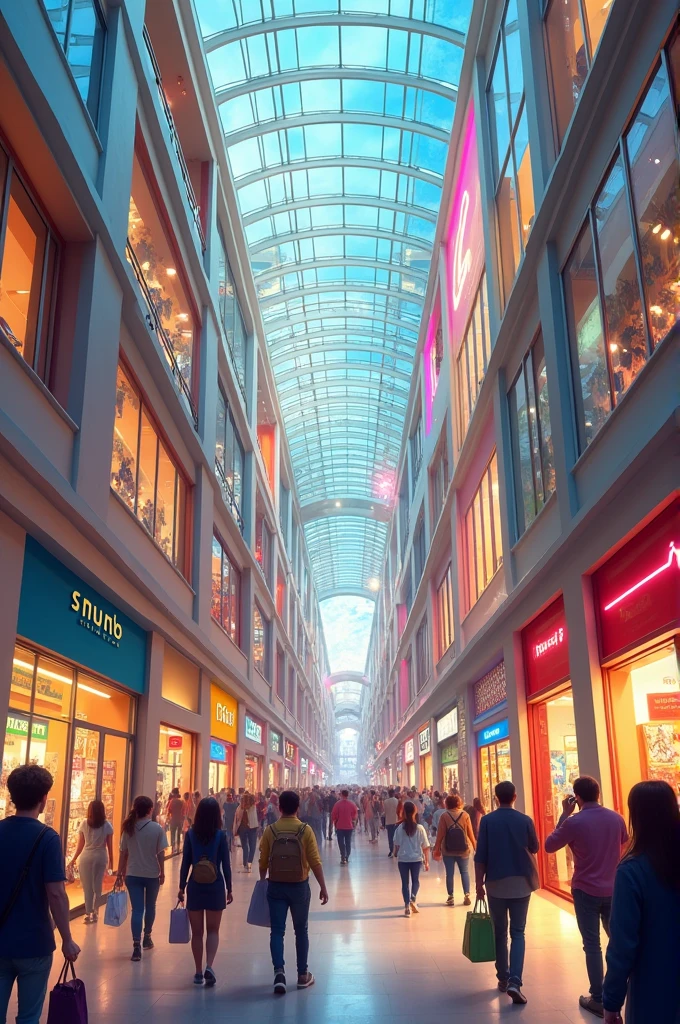 A bustling shopping mall with people walking in and out.