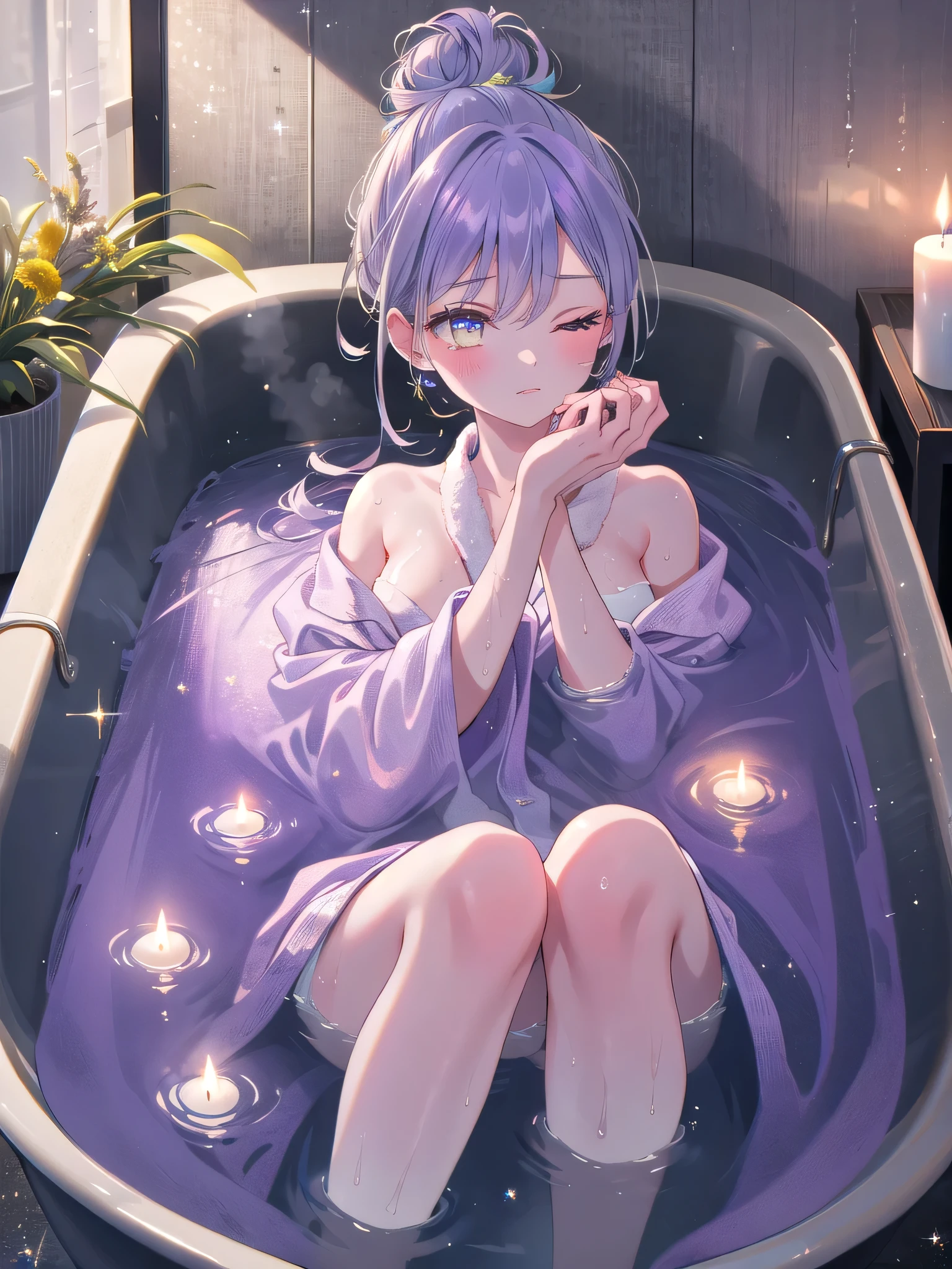 ((8k, Highest quality, masterpiece: 1.3)),Ultra-high resolution,(1 girl, alone), (Color changing eyes, Ultra-detailed, Expressive brilliance, Glitter, Glowing Eyes), Highly detailed eyes, Highly detailed face, Random Hair, ((pastel colour))The girl is relaxing in a large, clawfoot bathtub filled with bubbles, her eyes closed in contentment. She’s wearing a simple, white bathrobe that’s draped over the side of the tub, and her hair is tied up in a loose bun. The bathroom is dimly lit by a few candles, creating a calm and soothing ambiance. The sound of water gently sloshing as she shifts position and the soft scent of lavender fills the air, adding to the relaxing atmosphere. Her expression is peaceful and serene as she enjoys the warm water and the quiet moment to herself. (dim lighting, bathrobe, peaceful expression, bath scene)
