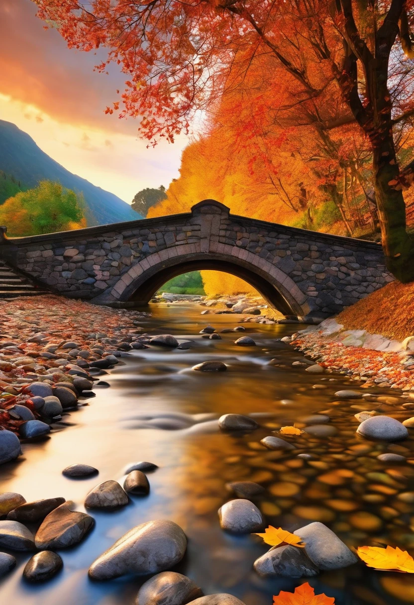 Masterpiece,Best Composition,High Resolution,Autumn Riverside Scene,Sunset,Stone Bridge,Autumn Leaves Mountains,Gentle River Flow,Beautiful Colored Pebbles,Peace,Tranquility.