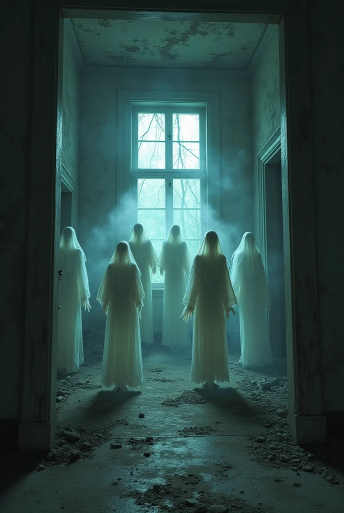 Group of ghost people in a spooky house 