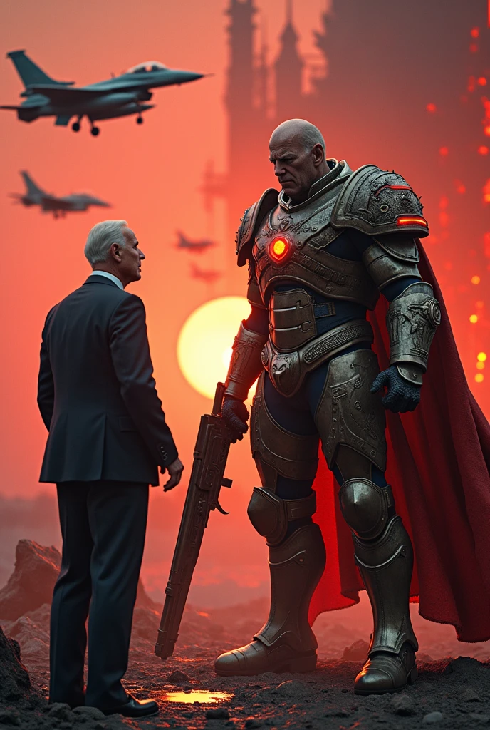 (photorealism:1.2), DOOMSLAYER trying to kill Biden, hell around, Biden is scared, f-16 and FPV drones in air, demons around,