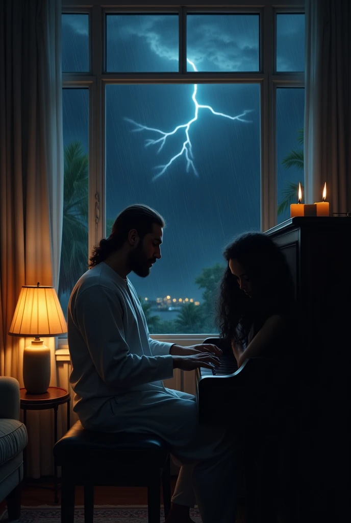Big living room, cozy with sofas and center table, warm dark lighting, heavily raining outside with thunder, very dark night time, beautiful window, man with very light stubble, long nose, wearing kurta and tight pajama and durre najaf ring on ring fingerof right hand, playing an upright piano, women sitting at side smiling with her head leaned on his shoulder face not visible, square dimension