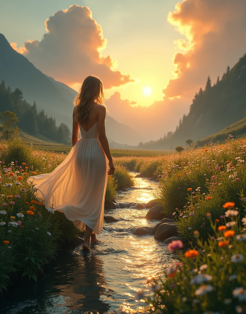 a serene landscape, a breathtaking sunset, sunlight dancing on flowing water, vibrant colors of nature, a sense of wonder and discovery, dramatic clouds, a girl in a flowing dress walking through a field of wildflowers, delicate petals in the breeze, a journey of self-discovery, intricate lighting effects, photorealistic, highly detailed, cinematic composition, lush environment, a feeling of peacefulness and tranquility, masterpiece