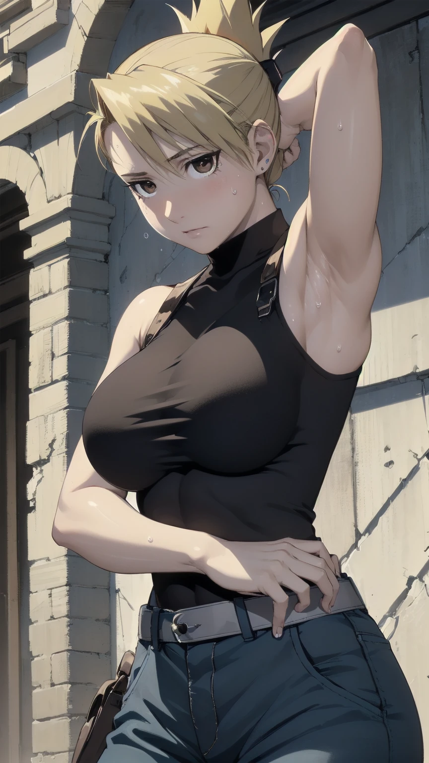 masterpiece, highest quality, High resolution, One Girl, Hamriz, ponytail, Brown eyes,big , Black Shirt, Tight shirt, holster, Short sleeve, belt, Covered navel, Blue pants,indoor、Upper body close-up、Muscular body、blush、Sweat、Composition from the front、アニメ、(((Close-up of a person、Big Boobs、Outdoor、Beautiful Shadows、Both armpits exposed、Sweat、Look forward)))