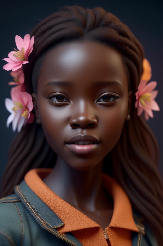 Retrato realista estilo 3d da africana africana de 9 meses de idade ((dark brown skin color)) at city street, happy photo pose, ((Playtoon)), smile cute, ((with flowers)), wearing T-shirt (((no printing))), orange and jeans, current fashion shoes, mega long hair curly hair, ((kanekalon)), (cinematic contour lighting), close-up, product view, Detailed facial details, face perfect, sharpening, Trend art, sharp facial details, cgsociety, High-quality digital art, exquisite hyperdetail, 4K, 3d, 8k, chibi style, soft-lighting, dreamy fashion