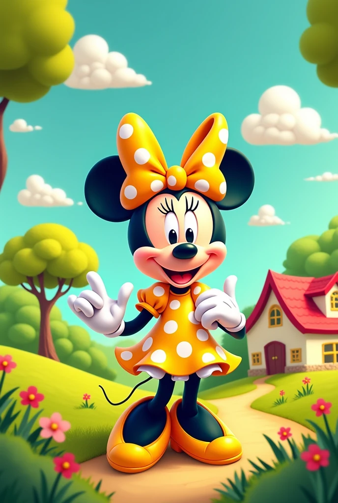 For a cover, a lemon green background landscape. With Minnie Mouse and her big house. Clouds and trees. That the whole image looks good without gradient and that Minnie is noticeable and stands out too. Correctly generates Minnie's hands without errors