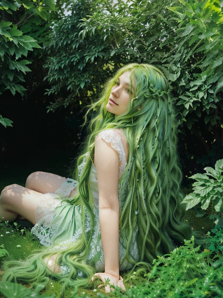 arafed woman with green hair sitting in a garden, long green hair, green flowing hair, green hair, long curly green hair, green mane, long braided green hair, green wavy hair, monia merlo, dark green leaf hair, bright green hair, dark green hair, long glowing ethereal hair, with broccoli hair, fairycore, green hue