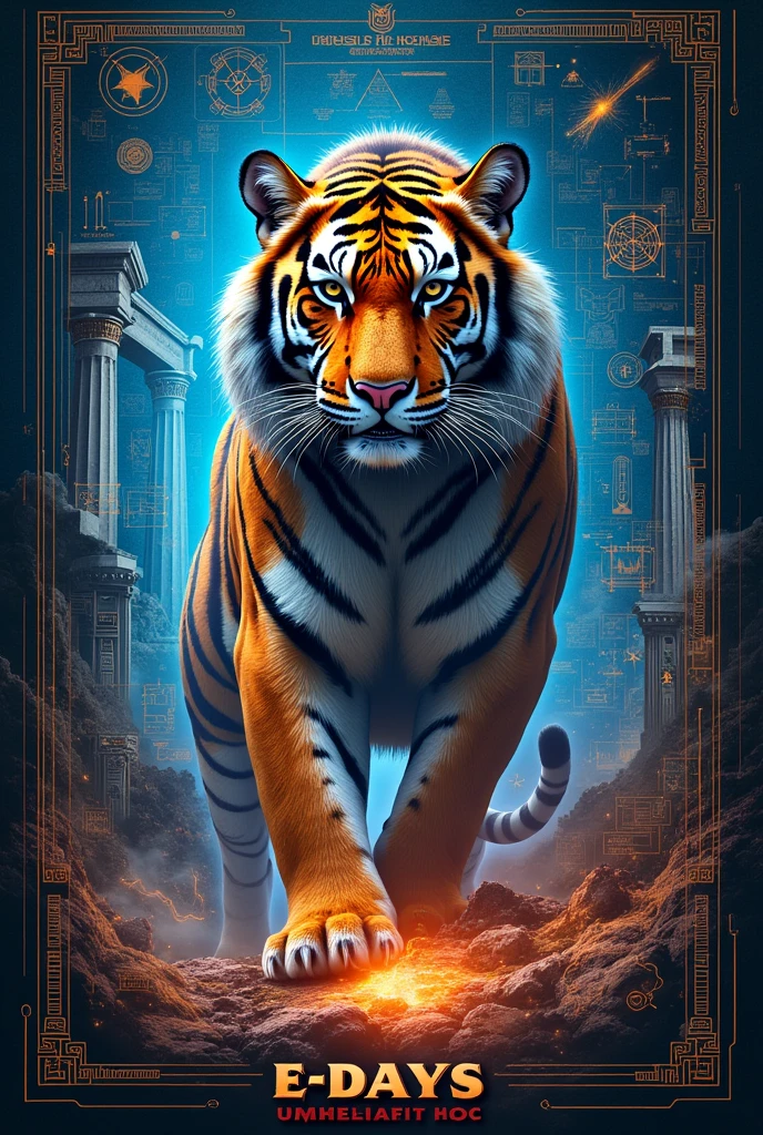 PERCY JACKSON AND THE OLYMPIANS inspired POSTER/PUBMAT for the college of engineering's "E-DAYS 2024-2025) involving the 6 engineering course: chemical, civil, computer, mechanical, electronics, electrical. Include texts or logos. No peope but you can use tiger or any elements related to champion.