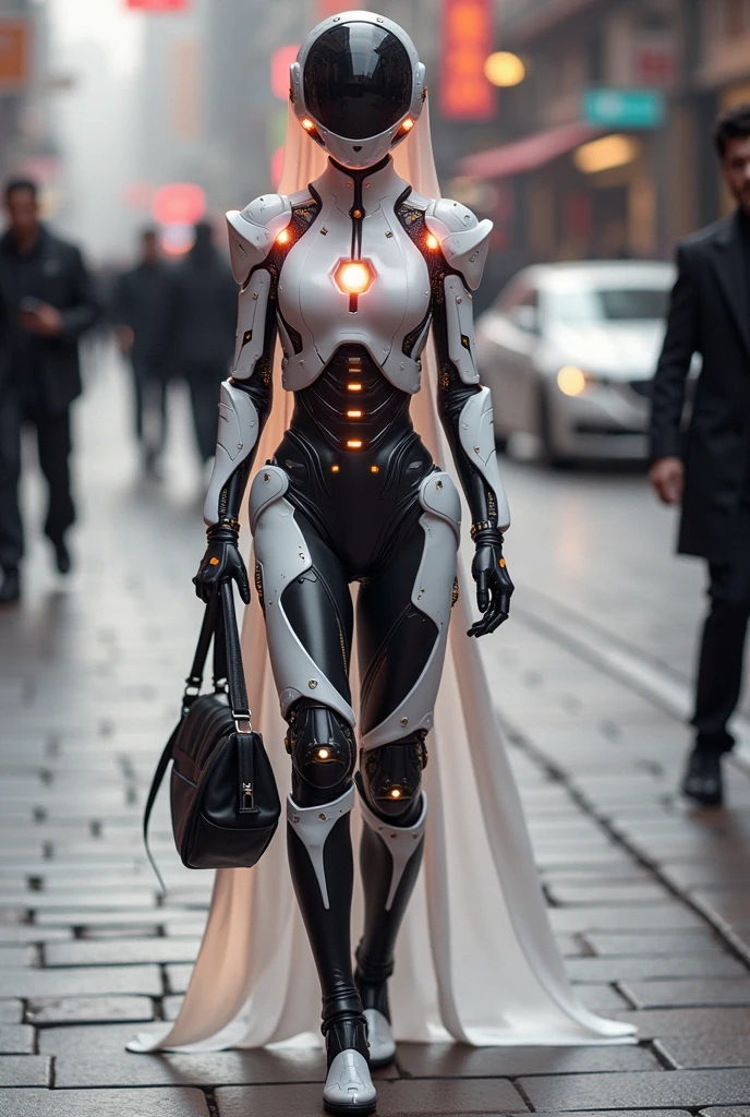 a woman in a futuristic suit with a glowing head and chest, cyberpunk art inspired by Marek Okon, cgsociety contest winner, digital art, gynoid cyborg body, girl in mecha cyber armor, cyber suit, cybersuit, in white futuristic armor, cybersuits, diverse cybersuits, gynoid body, echo from overwatch, perfect anime cyborg woman