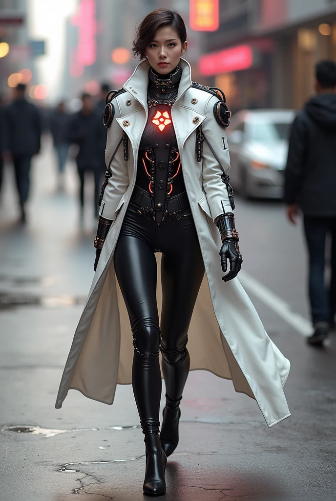 a woman in a futuristic suit with a glowing head and chest, cyberpunk art inspired by Marek Okon, cgsociety contest winner, digital art, gynoid cyborg body, girl in mecha cyber armor, cyber suit, cybersuit, in white futuristic armor, cybersuits, diverse cybersuits, gynoid body, echo from overwatch, perfect anime cyborg woman