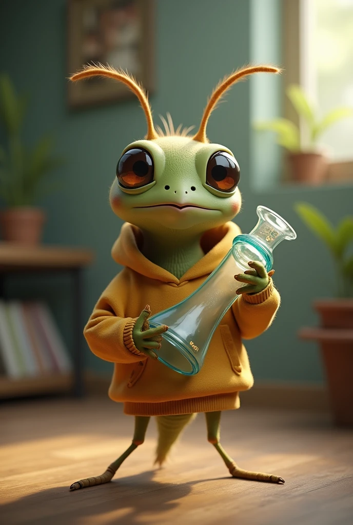 Create an animated cricket wearing a sweatshirt and holding a bong on one of its limbs