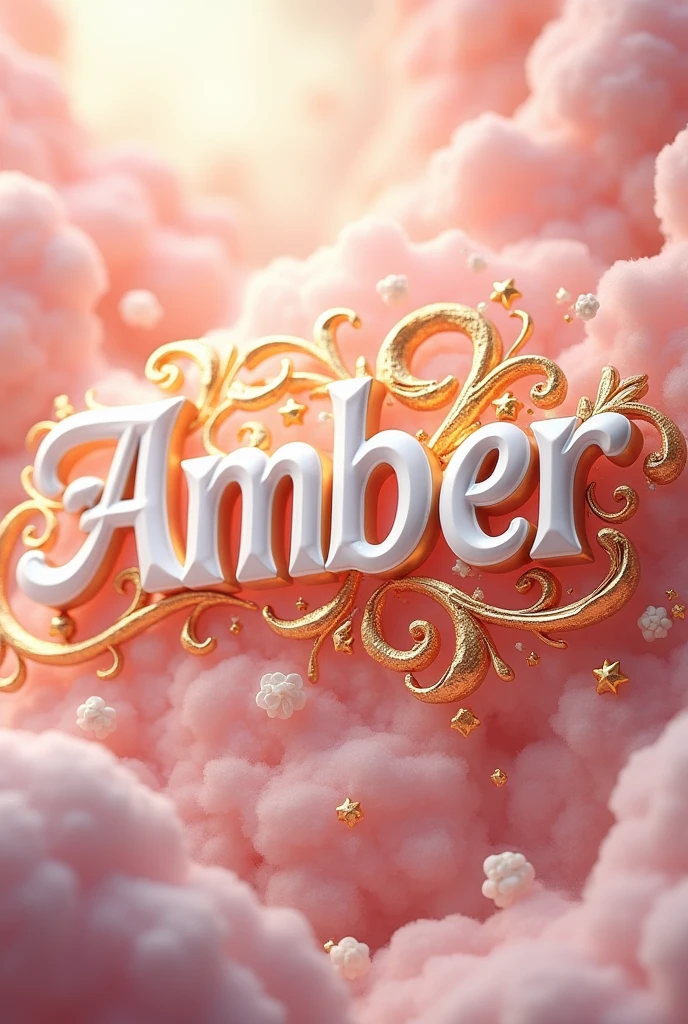 Create the name Amber in 3D with a golden outline and light pink gradient, with fantasy theme, with gold stars and swirling patterns, The name must resemble the real appearance and have white color, Predominantly pink with intricate shiny gold embellishments with rich patterns. The overall aesthetic should be magical and majestic., making the background look like a background of a fantasy realm.