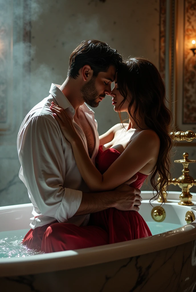 Dramatic bathtub scene, A handsome man in wet white shirt, a beautiful woman in red gown wet in water, lying in a bathtub hugging.