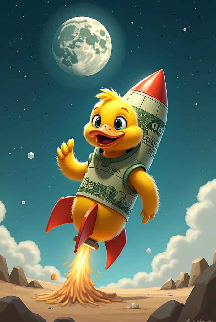 Ducky Duck going to the moon in a dollar rocket
