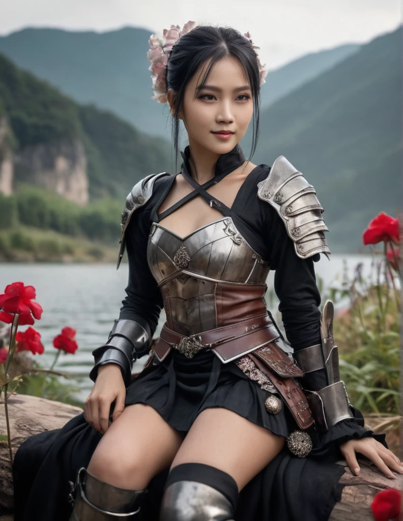(medium shot, zoomed in upper body:1.3) (wuxia fantasy style:1.5) photo of a grinning, (perfect teeth:1.3) horny strong 5(Manchu:1.3) woman with short straight angled black hair with grey parts, brown eyes, (tiny breasts:1.3), toned ass, (perfect hands:1.3). She is wearing (leather armor and boots:1.1). She is sitting facing diagonal to camera, in a (gothic fantasy:1.3) lake with flowers and small mushrooms, evening, bright. detailed skin texture, detailed cloth texture, detailed face, (intricate sharp details:1.5), ultra high res