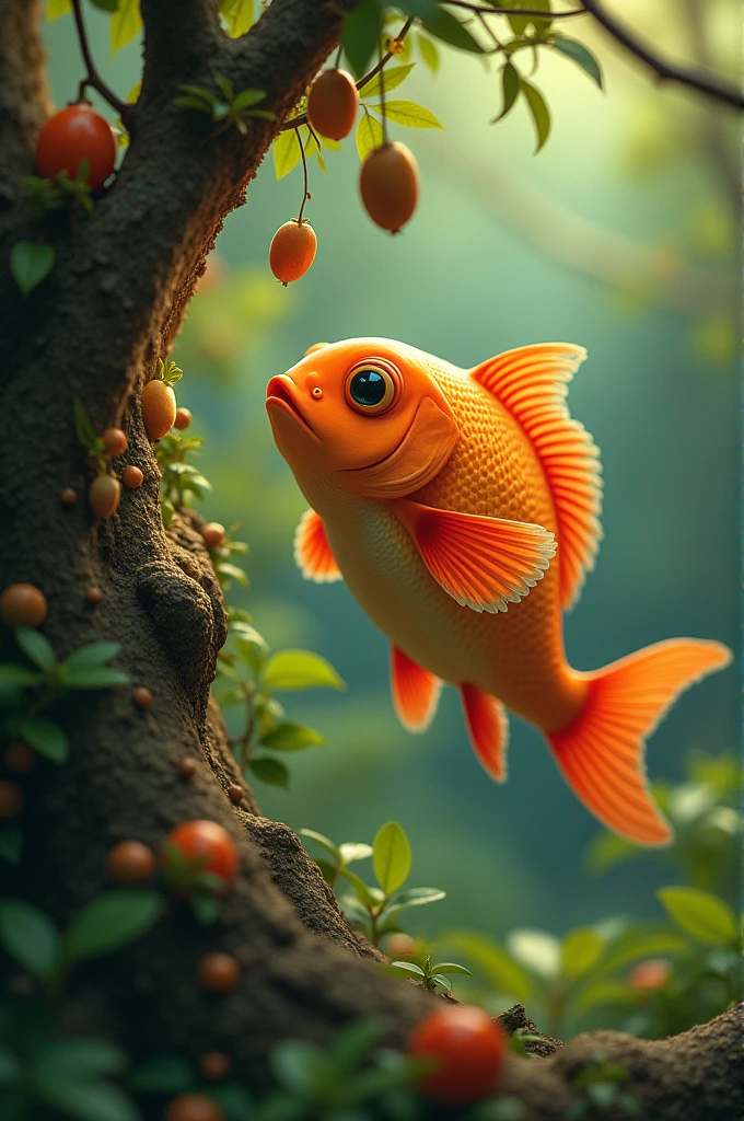 A fish picking nuts from a tree