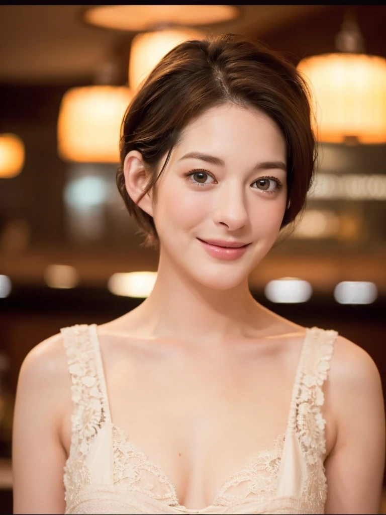 a Close-up portrait of gorgeous smiling cute Japanese woman in a glamorous lacy dress outfit, delicate facial features, porcelain-skinned, ponytail, a fusion of young Marion Cotillard's striking eyes and young Anne Hathaway's introspective gaze, long and slender cute face, curved eyebrows, droopy hooded eyes, lower nasal bridge, slim wavy nose, smiling, thin lips, short pixie cut hair, silhouette, bokeh, lobby bar lounge background,