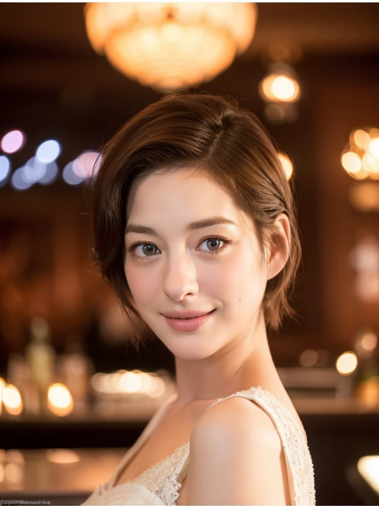 a Close-up portrait of gorgeous smiling cute Japanese woman in a glamorous lacy dress outfit, delicate facial features, porcelain-skinned, ponytail, a fusion of young Marion Cotillard's striking eyes and young Anne Hathaway's introspective gaze, long and slender cute face, curved eyebrows, droopy hooded eyes, lower nasal bridge, slim wavy nose, smiling, thin lips, short pixie cut hair, silhouette, bokeh, lobby bar lounge background,