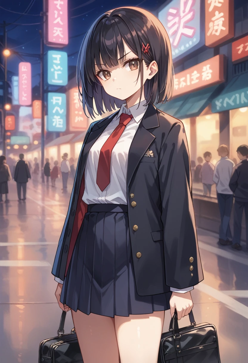 Young anime girl, with long straight black hair and bangs, warm brown eyes and light skin, wearing a dark formal uniform consisting of a black jacket, red tie, and skirt, holding a sleek black bag, standing in a modern city at night with a blurred background and neon lights, with a serious and calm expression, a slim and athletic body with confident posture, delicate proportions and defined features, rendered in high definition with vibrant colors and detailed textures, in a fusion of realism and anime art style.