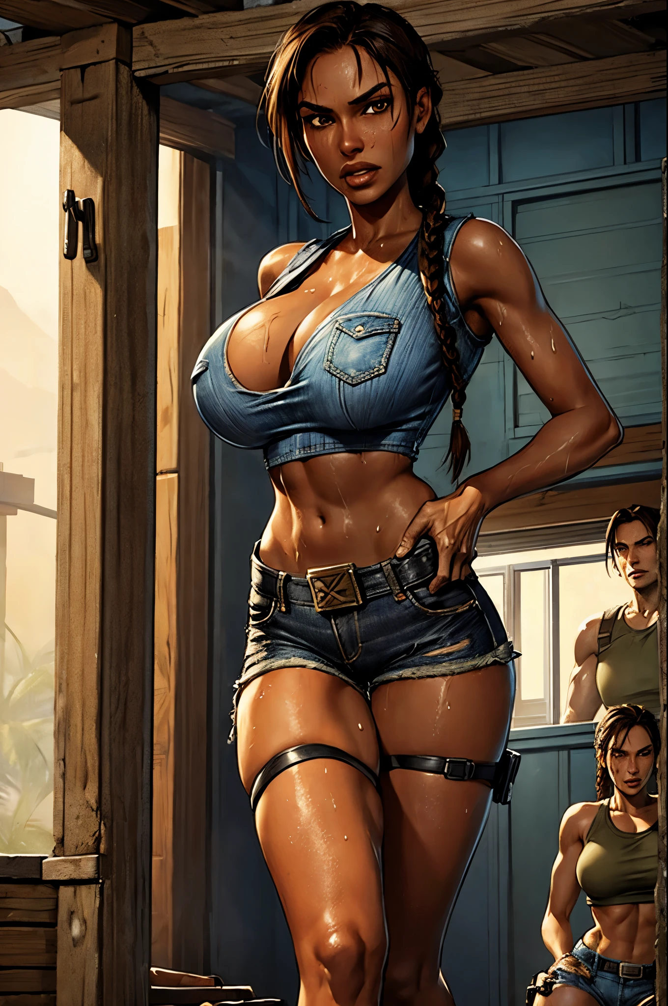 Lara Croft, single braid, brown eyes, big tits, black body-hugging top, very short and frayed brown denim shorts, with hands on waist, in the middle of a training camp ((body all sweaty))