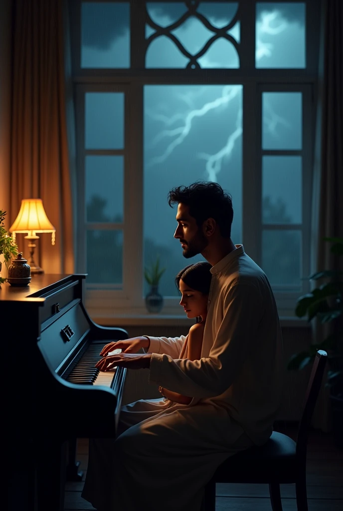 Big living room, cozy with sofas and center table, warm dark lighting, heavily raining outside with thunder, very dark night time, beautiful window, man with very light stubble, long nose, wearing kurta and tight pajama and durre najaf ring on ring fingerof right hand, playing an upright piano, women sitting at side smiling with her head leaned on his shoulder face not visible, square dimension