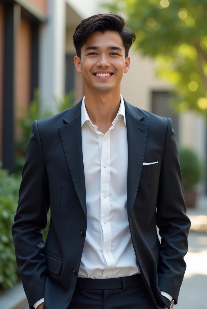 A young man with dark hair and a confident smile. He is dressed in a black blazer over a white shirt. In a ocation