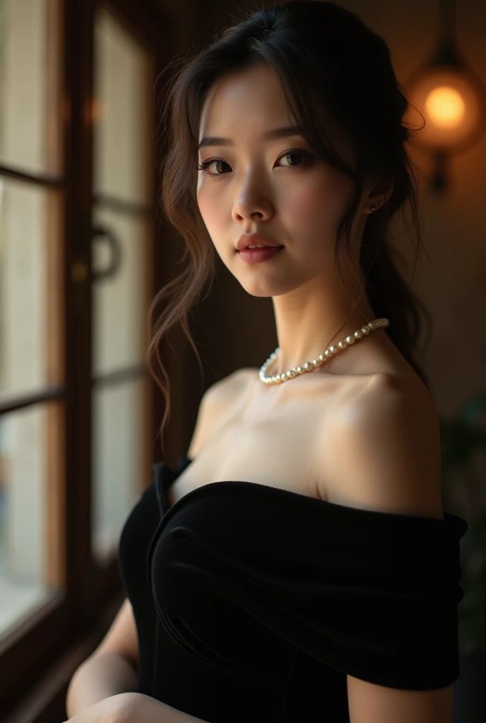 Photography,HD,Real People,1 Asian girl,The movements are natural and elegant,Slightly fat,1,White skin,Beautiful facial features,Exquisite makeup,Exquisite eyes,Eye details,Dark eyeshadow,Pearl Necklace,Black high collar sleeveless,Shoulder,arm,Soft light and shadows indoors,Rich details,a lamp